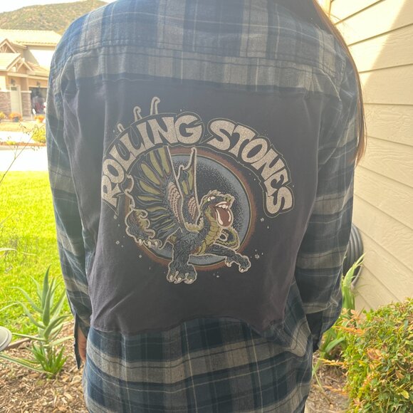 The Rolling Stones Upcycled Flannel Shirt Unisex Size Large L - Picture 1 of 5